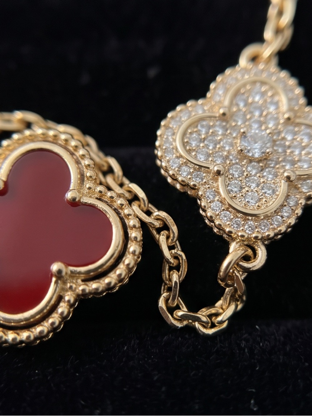 Gold-Plated Red & Crystal Clover Adjustable Bracelet (6"–10")